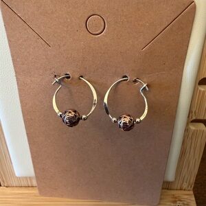 Vintage Silver 2-Tone Hoop Earrings with Floral Bead Accent